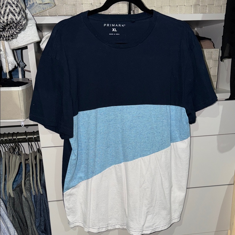 Primark Men's Tri-Color T-Shirt - Navy, Light Blue, and White